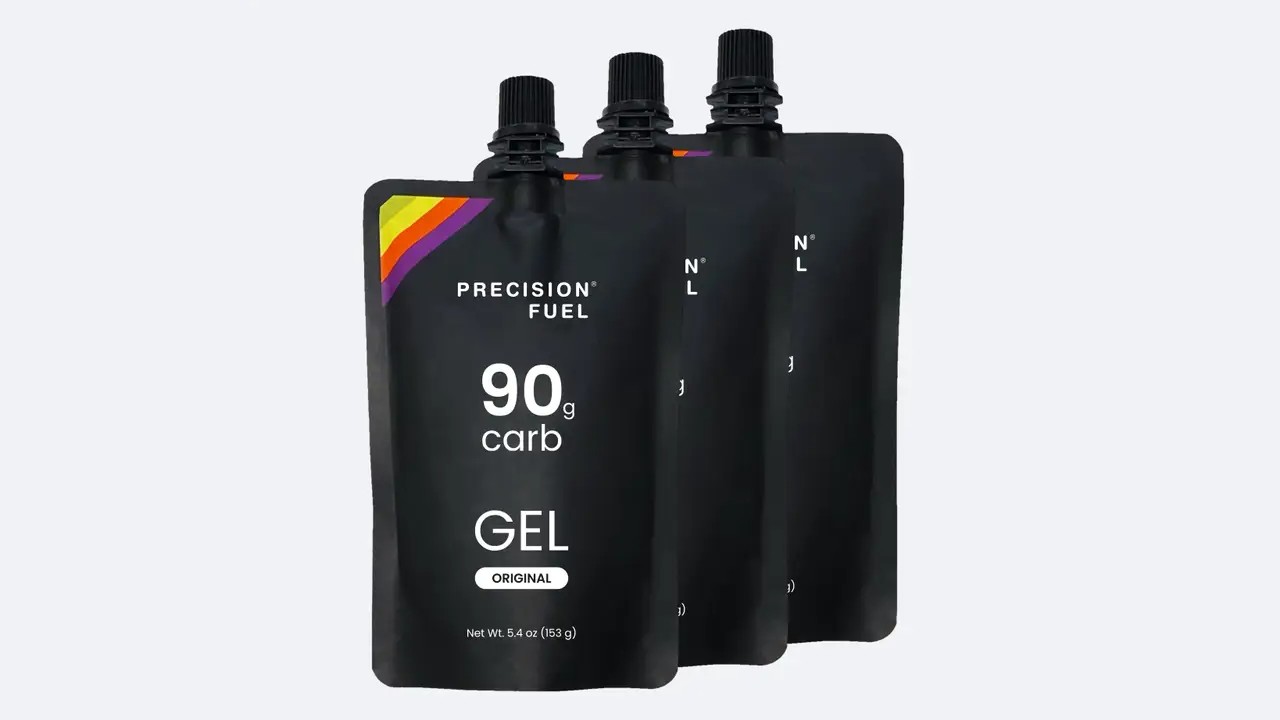 Precision Fuel PF 90 gels on white background