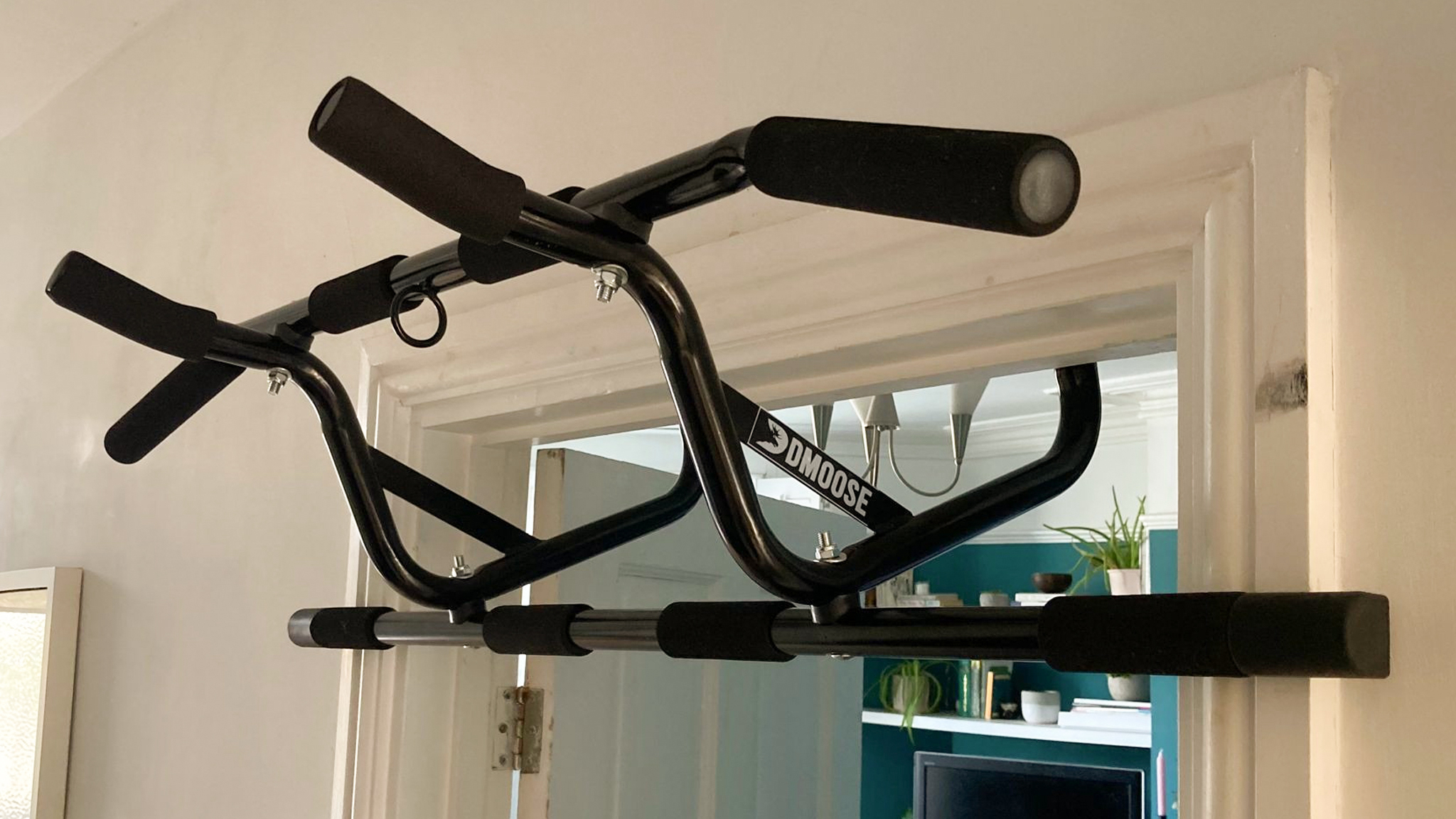 A dmoose pull-up bar fitted to a doorway in a house